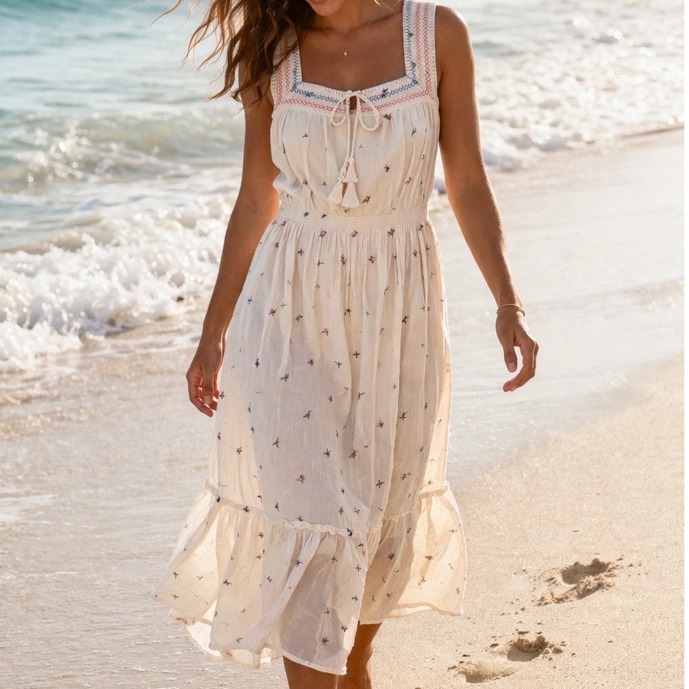 Old Navy Floral Embroidered Tassel Midi Dress Cream Boho Smocked Waist Medium L2